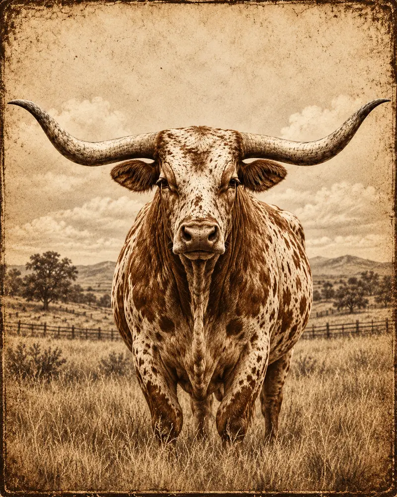 A longhorn facing forward in a grassy pasture, drawn in nostalgic ranch style